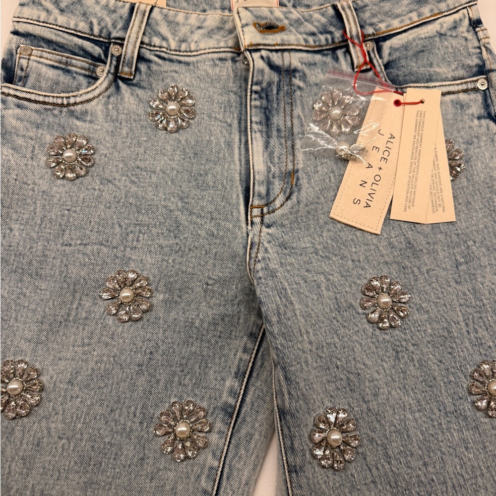 Alice + Olivia Light Blue Flare Jeans with Metallic Details